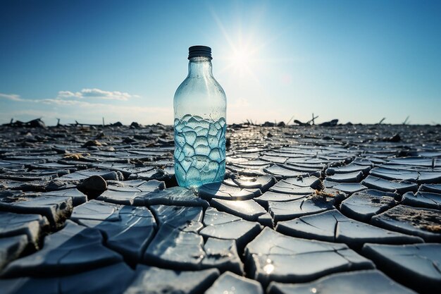 World water day water bottle on a cracked ground with sun behind photo