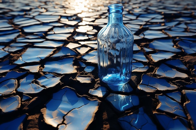 world water day water bottle on a cracked ground with sun behind photo