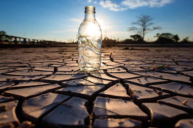 world water day water bottle on a cracked ground with sun behind photo