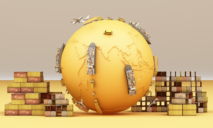 फोटो world wide cargo container transport concept in yellow tone colour with truck and van air plane on globe 3d rendering