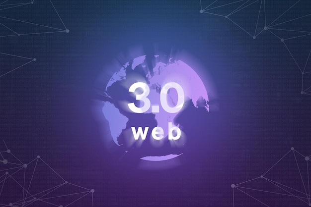 ネットワークノードと紫色の背景にブロックチェーン技術と地球の概念図に基づくワールドワイドウェブ30