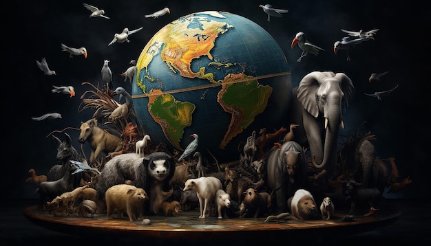 Photo world wildlife animals surrounding the globe representing the significance