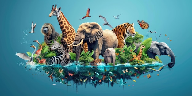 Photo world wildlife day creative banner with planet and animals ai generated