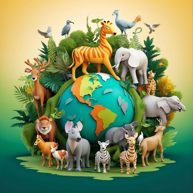 World wildlife day group of animals standing around a globe 3d render illustration