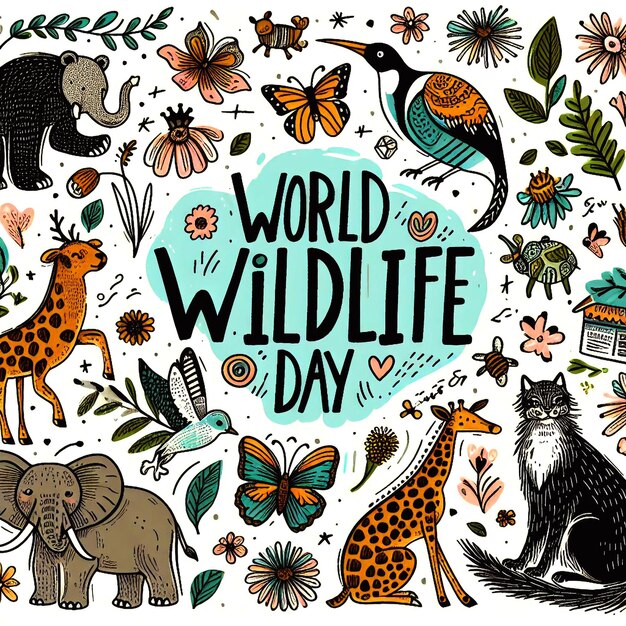 Иллюстрация Всемирного дня дикой природы с животными и естественными цветами