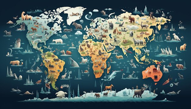 Photo world wildlife day a map of the world with different animal icons