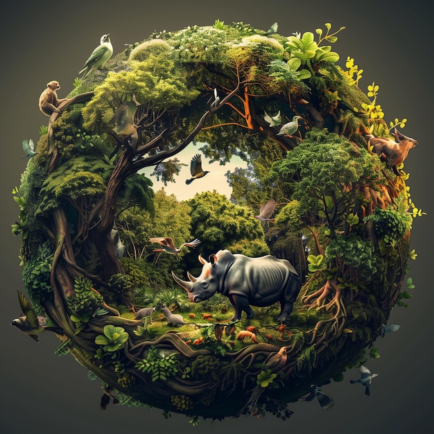 Носорог Всемирного дня дикой природы стоит на вершине зеленого поля на фоне леса