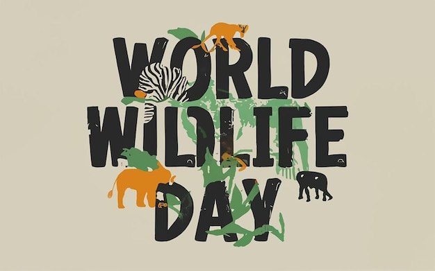 정글에 있는 동물과 함께 세계 야생 동물의 날 인쇄술