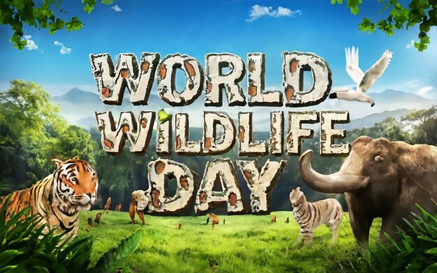 ジャングルの動物を描いた世界野生動物の日のタイポグラフィー