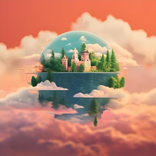 a world with a castle on the clouds and a water drop