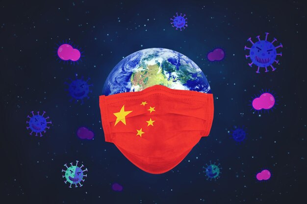 中国国旗のフェイスマスクとコロナウイルスのある世界
