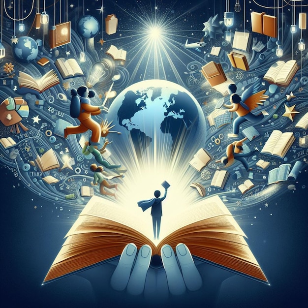 a world with a person holding a book and a person holding a book with the word the world