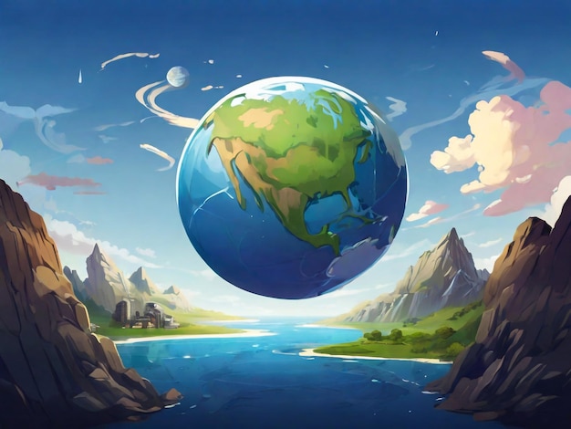 a world with a river and mountains in the background