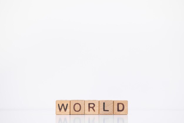 Мировое слово написано на деревянных кубиках на белом фоне Крупный план деревянных элементов