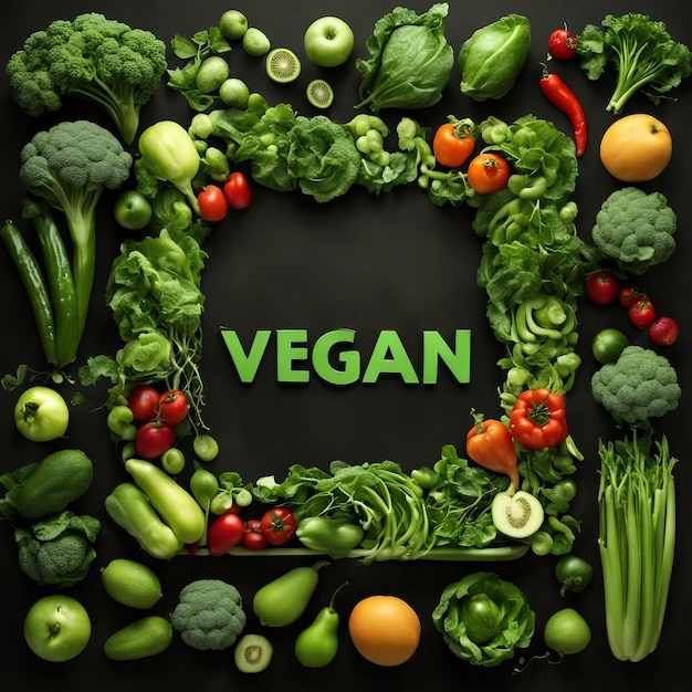 WorldVeganDay veganistische letters gemaakt van groenten op een houten achtergrond