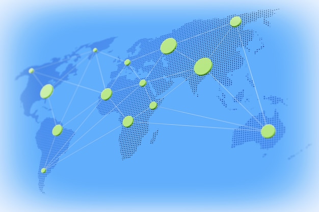 전세계 비즈니스 개념입니다. 파란색 배경에 연결된 노드가 있는 세계 지도. 3d 렌더링