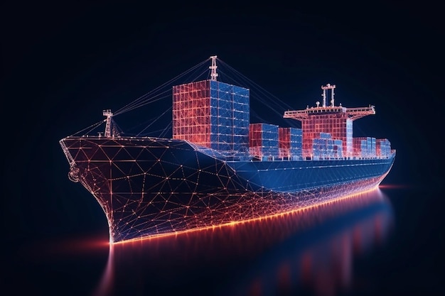 Worldwide cargo ship polygonal wireframe mesh art looks like constellation on dark blue night sky with dots and stars transportation logistic shipping concept illustration or background generative ai