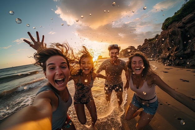 Photo a worldwide celebration of people connection jumping on the beach generative ai