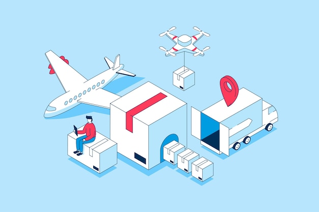 Photo worldwide delivery concept in 3d isometric design people using global logistic company service and receiving parcels with airmail shipping vector illustration with isometry scene for web graphic