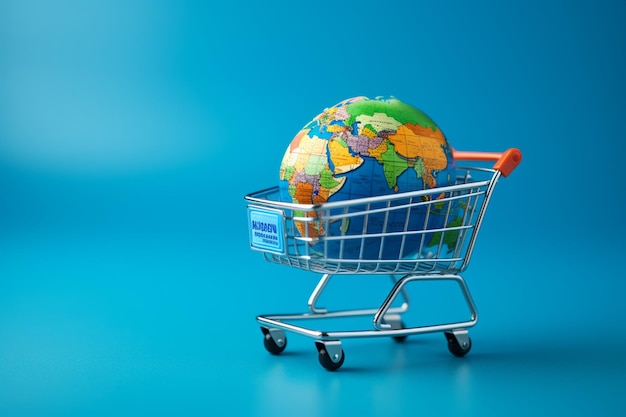 Worldwide shopping concept Trolley placed on a blue globe surface represents global commerce