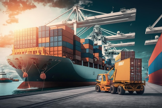 Worldwide transportation global shipment transport Freight shipping Unloading cargo from one vessel and loading them into another to complete a journey to the final destination Generative AI