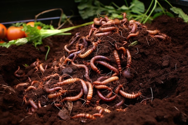 Foto vermi che prosperano in un cumulo di compost ben mantenuto