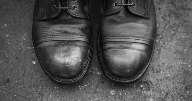 Photo worn black leather shoes with visible scuffs on toes gray textured surface