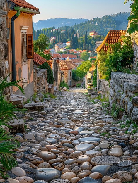 Worn cobblestone street in historic town