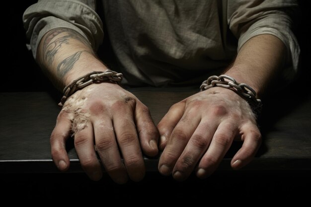 Worn inked hands of a man rest on the surface depicting a story of experiences embodying the essence of a criminal39s grasp