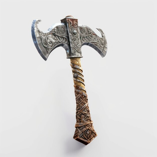 worn metal axe with wooden grip and stone dust