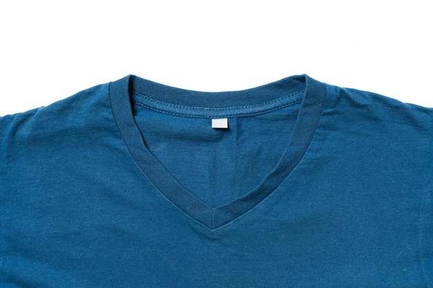 Worn old blue t-shirt on white background