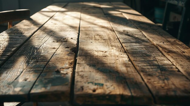 Photo worn old wooden table and workshop interior retro vintage photo of background and mo generative ai