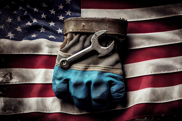 Worn work glove holding old wrench and US American flag Generative Ai