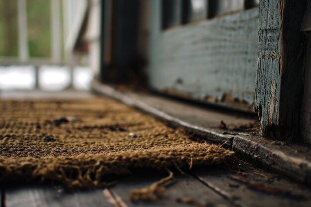 A wornout welcome mat at a doorstep overlooked and stepped on conveying the ungratefulness of hospitality taken for granted