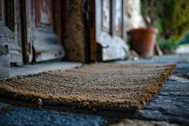 Foto un tappetino di benvenuto usurato sulla porta trascurato e calpestato trasmette l'ingratitudine dell'ospitalità data per scontata