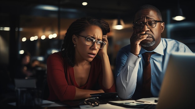 Foto afroamericani preoccupati che lavorano in ufficio di notte