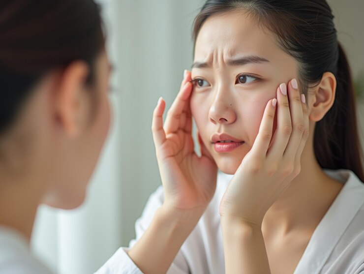 心配 な アジア 人 の 女性 は,皮膚 ケア の 解決 策 を 探し て いる 間,鏡 で メラスマ と 斑点 を 調べ て い ます