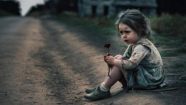 Worried girl sitting on the road