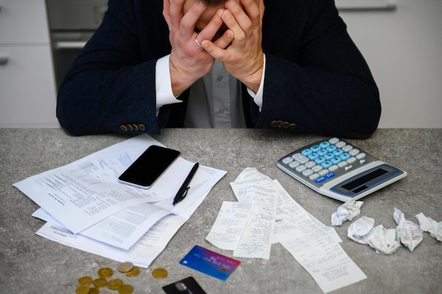 Photo worried man calculating budget and finances