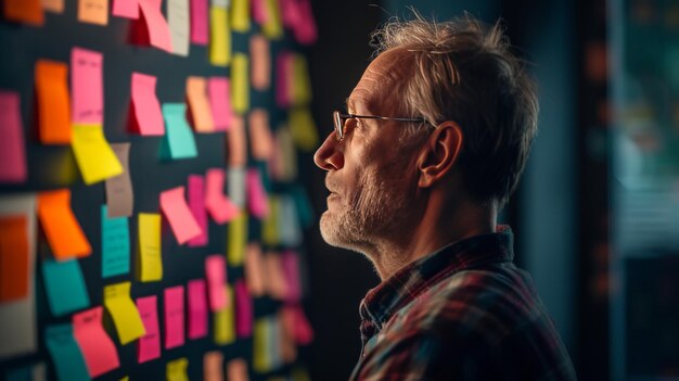 Photo a worried man staring at a wall covered with notes show different financial options and strategies