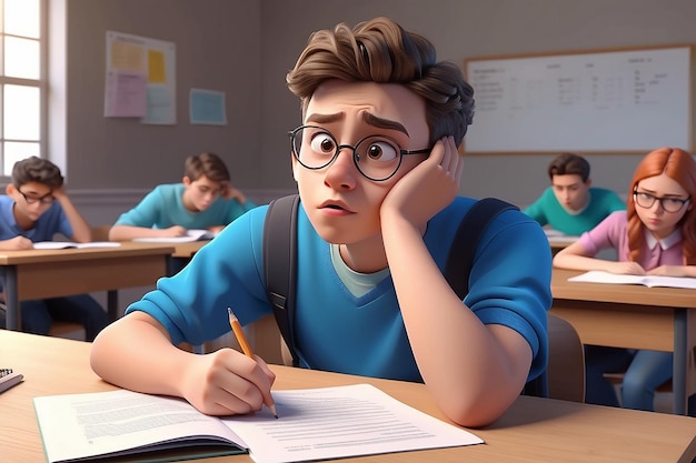 Worried upset teen student on exam Education and study vector concept Alarmed by student answers questions in exam illustration