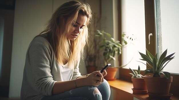 Worried woman calling a boiler breakdown emergency service using her smartphone