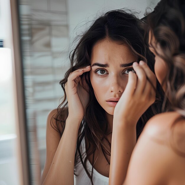 Photo worried woman looking in the mirror