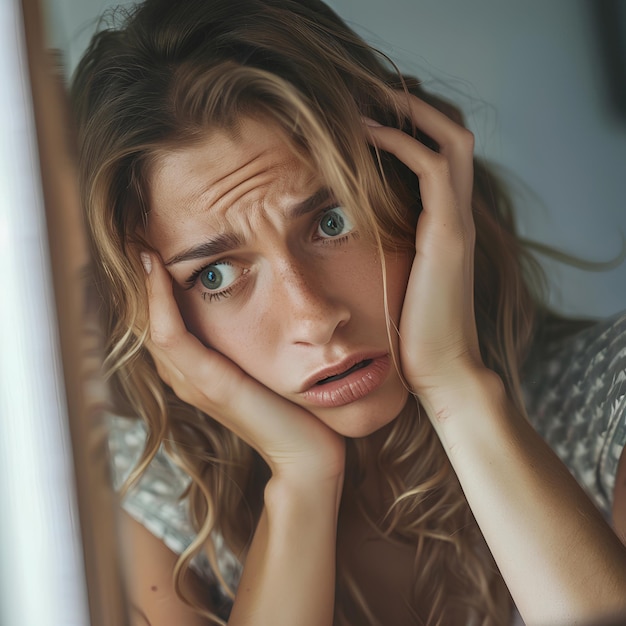 Photo worried woman looking in the mirror