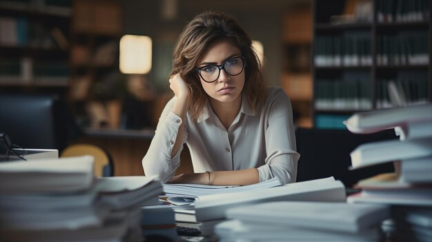 書籍や書類で満たされたオフィスデスクに座っている心配な女性が仕事に負担を負っている