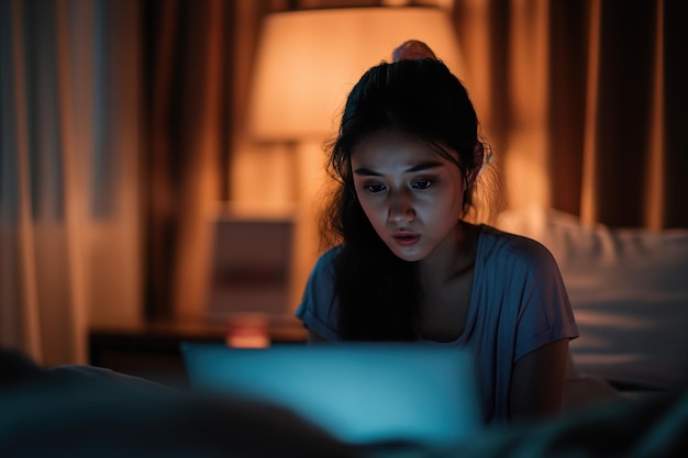 Worried Young Adult Working on Laptop at Night in Hotel
