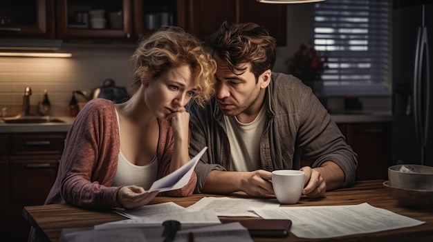 Фото Беспокойная молодая белая пара пересматривает свои счета и домашнее место для текстовых сообщений