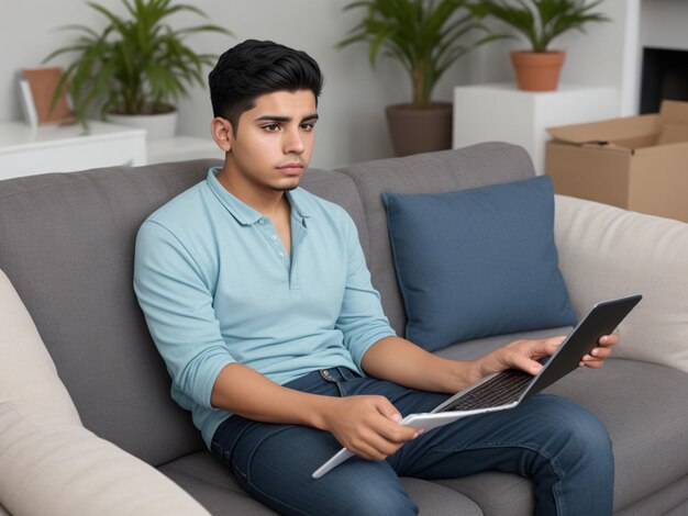 Worried young hispanic man sitting on sofa at home and looking at credit card upset Holds the phone