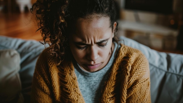 Photo worried young woman seated feeling stressed at home