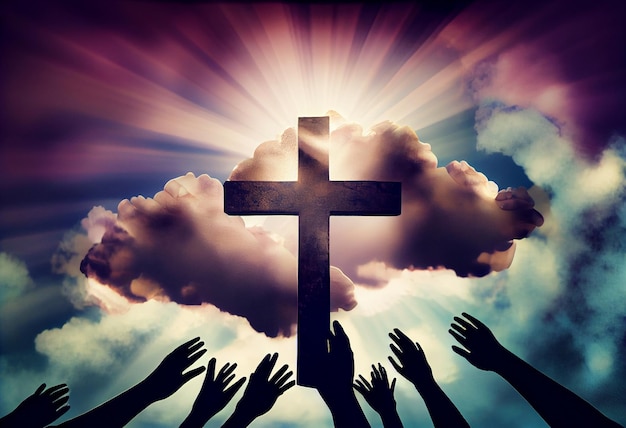 Photo worship concept christian people hand in hand over cross on spiritual sky background generate ai